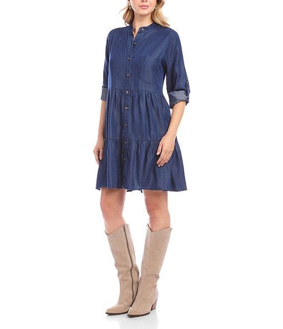 Karen Kane Petite Size Chambray Roll Tab Sleeve Tiered Shirtdress Product Image