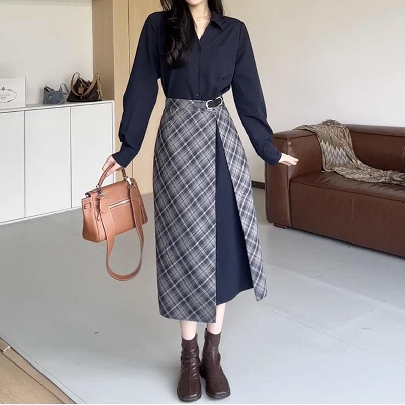 Mock Two-Piece Long-Sleeve Plaid Panel Shirtdress (Various Designs) Product Image