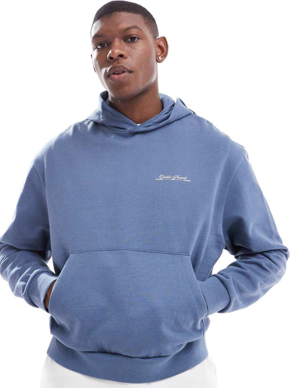 ASOS DESIGN boxy oversized hoodie with puff print in washed indigo Product Image