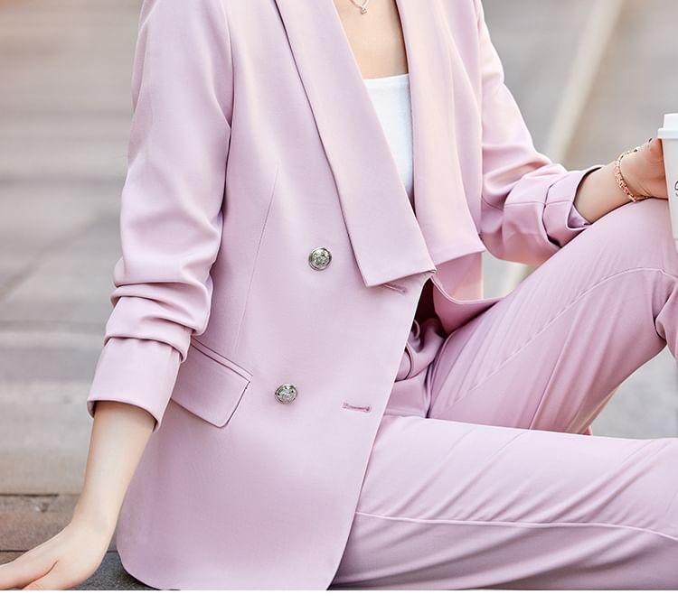 Lapelled Plain Double Breasted Blazer / High Waist Cropped Straight Leg Dress Pants / Set Product Image