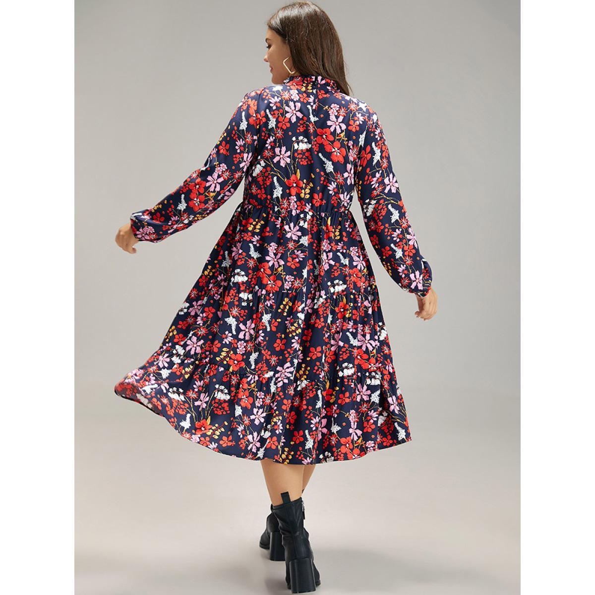Plus Size Floral Print Keyhole Shirred Dress DarkBlue Women Elegant Elastic cuffs Mock Neck Long Sleeve Curvy Midi Dress BloomChic 26/4X Product Image