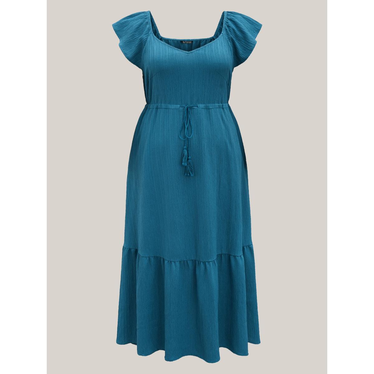 Plus Size Texture Drawstring Tie Knot Tassels Dress Cerulean Women Resort Tie knot V-neck Cap Sleeve Curvy BloomChic 28/5X Product Image