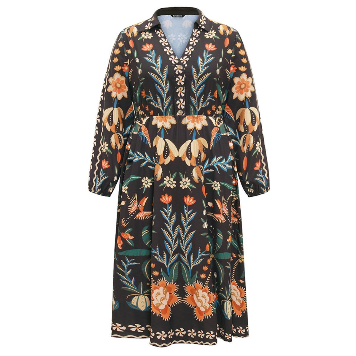 Plus Size Bandana Print Pocket Lapel Collar Elastic Cuffs Dress Black Women Resort Non V-neck Long Sleeve Curvy Midi Dress BloomChic 28/5X Product Image