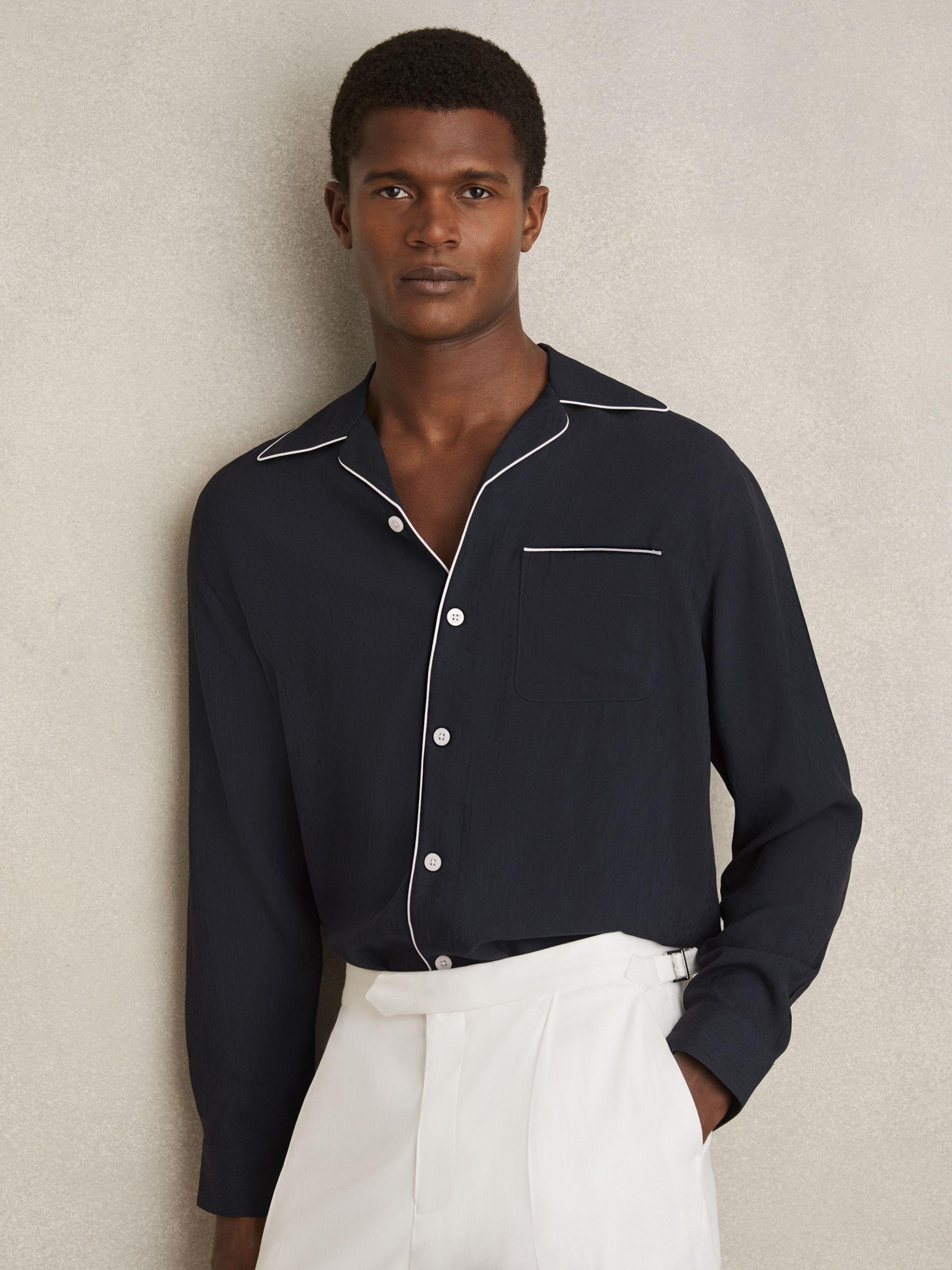 Cuban Collar Shirt with Piping Detail Shirt in Navy Product Image