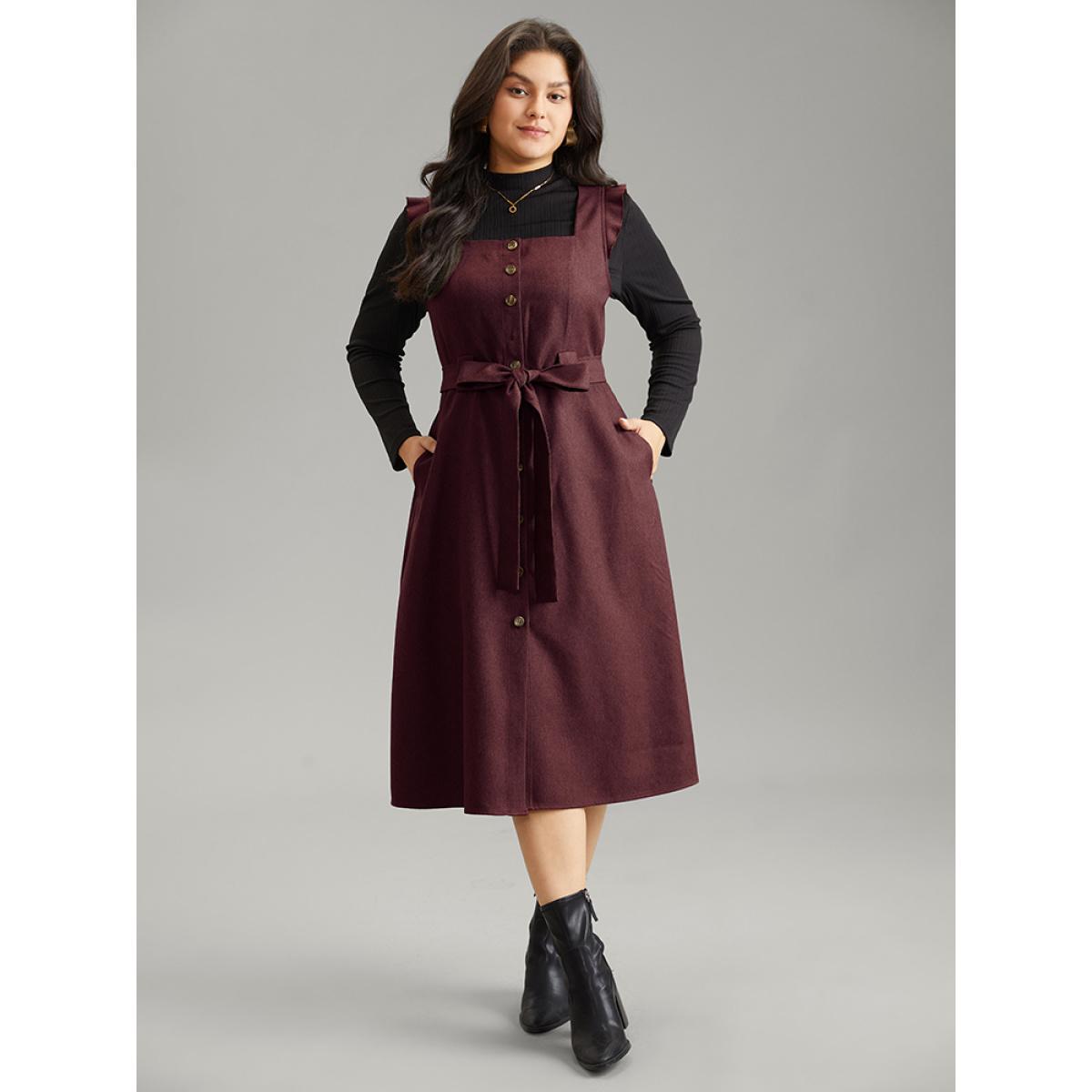 Plus Size Solid Belted Ruffle Trim Button Through Sleeveless Dress Burgundy Women Office Plain Square Neck Sleeveless Curvy Midi Dress BloomChic 10/M Product Image