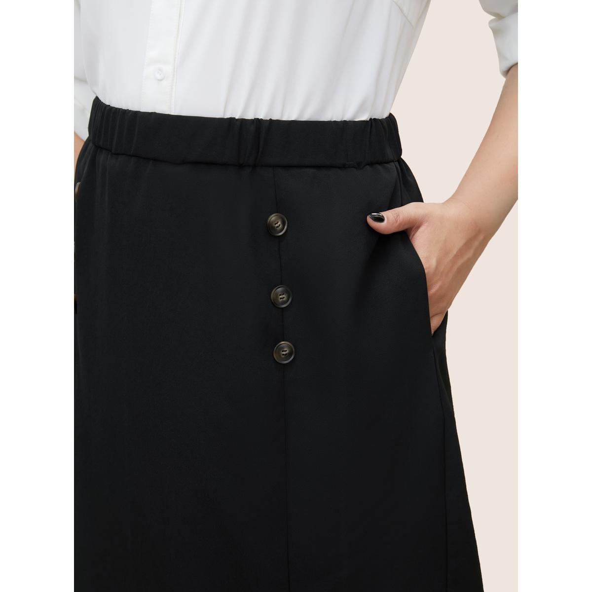 Plus Size Plain Button Detail Pocket Elastic Waist Cropped Skirt Women Black Workwear Essentials Non No stretch Slanted pocket Work Skirts BloomChic 26/4X Product Image