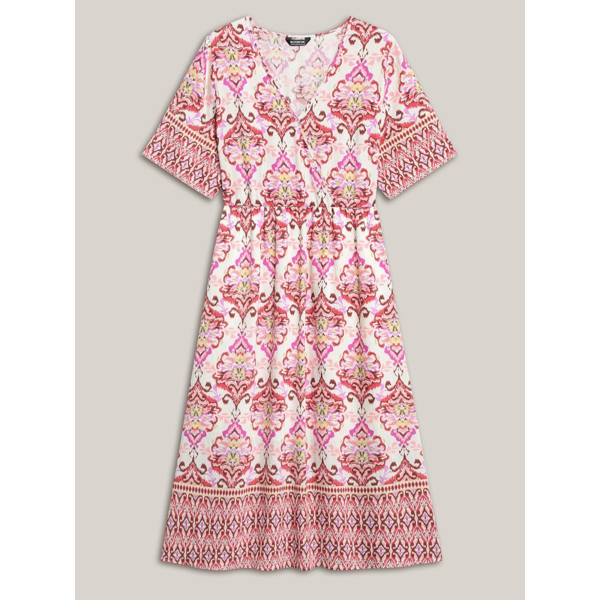 Plus Size Ornate Print Surplice Pockets Maxi Dress Beanpastepowder Women Overlap Collar Short sleeve Curvy BloomChic 10/M Product Image