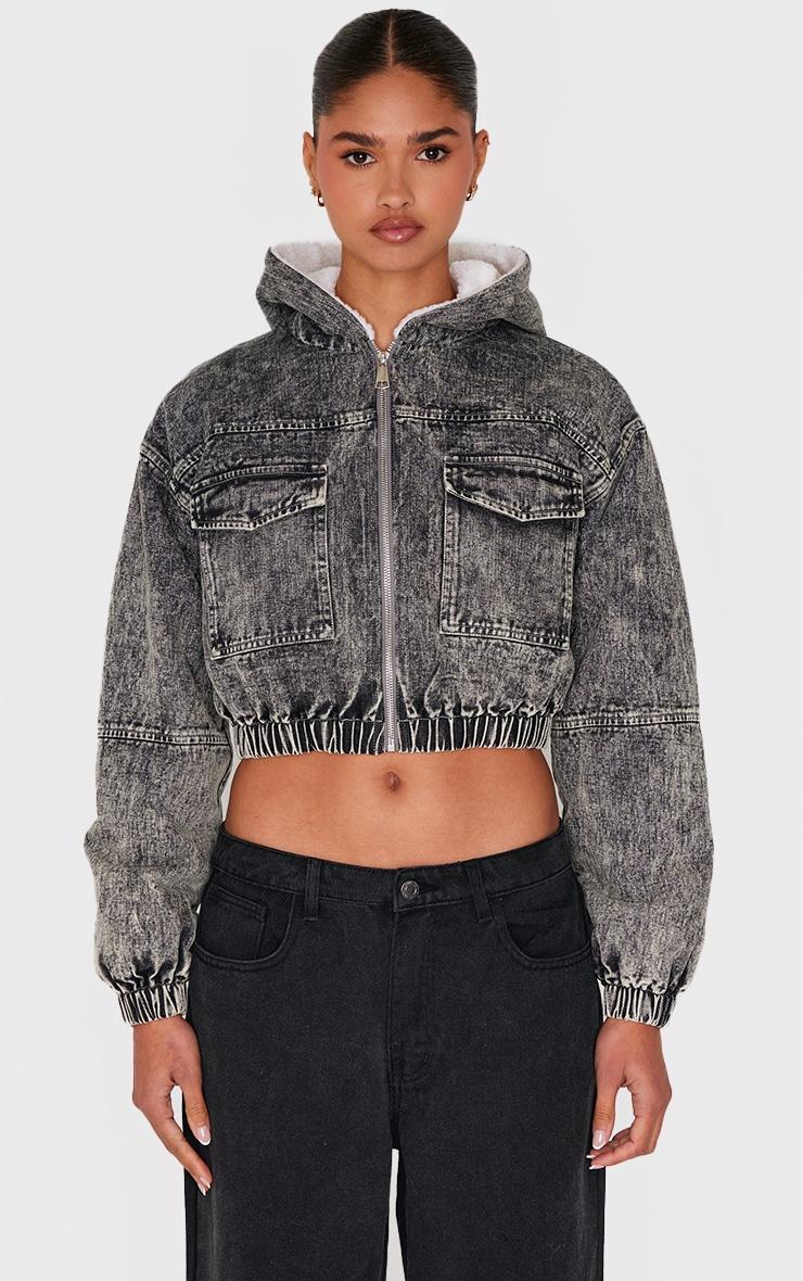 Washed Grey Faux Fur Lined Hood Cropped Denim Jacket Product Image