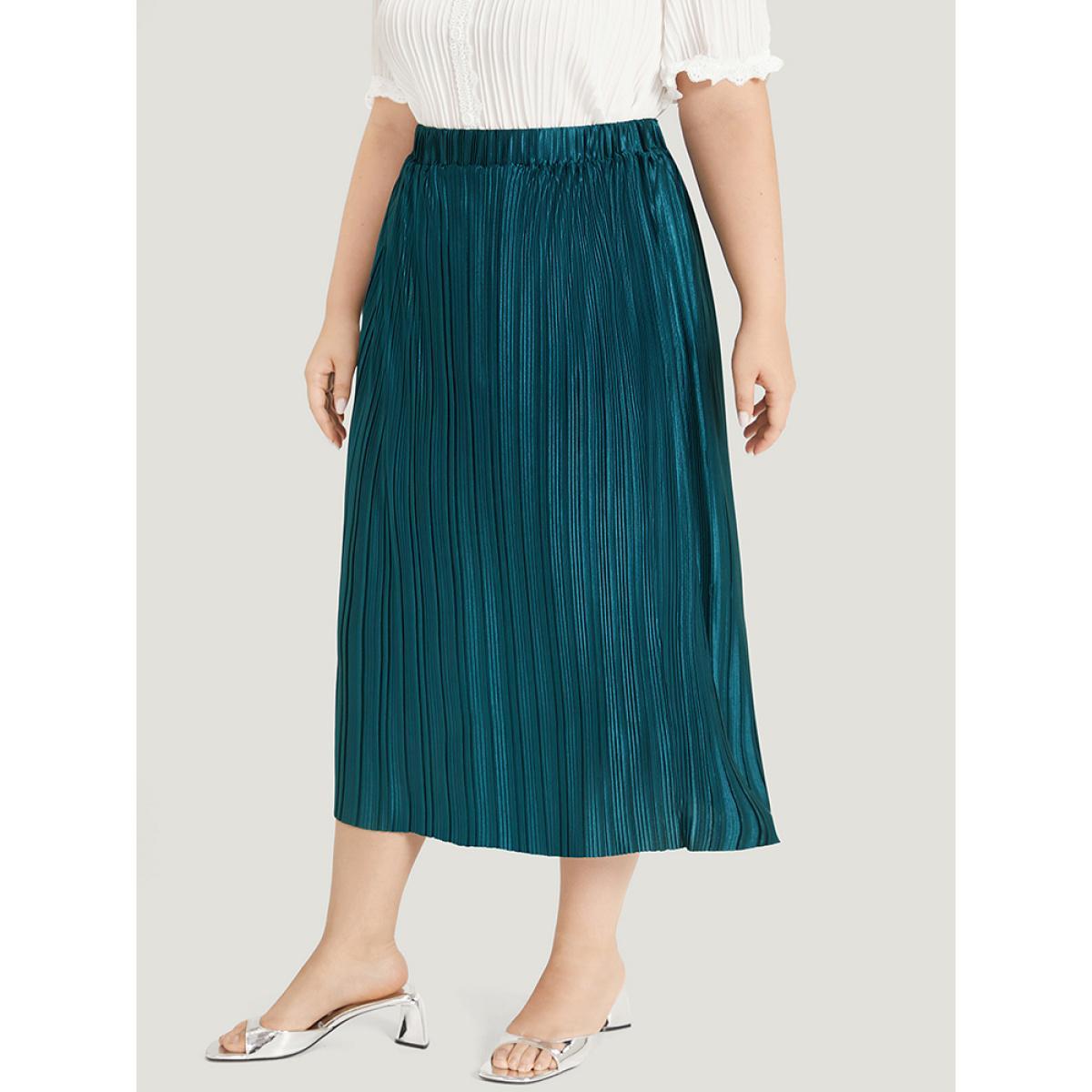 Plus Size Solid Plisse Pleated Elastic Waist Skirt Women Aegean Office Texture No stretch Work Skirts BloomChic 12/L Product Image