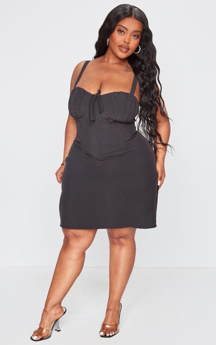 Plus Black Tie Front Boned Corset Mini Dress Product Image