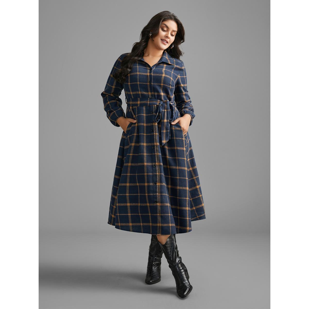 Plus Size Plaid Button Through Belted Dress DarkBlue Women Casual Belted Shirt collar Long Sleeve Curvy BloomChic 12/L Product Image