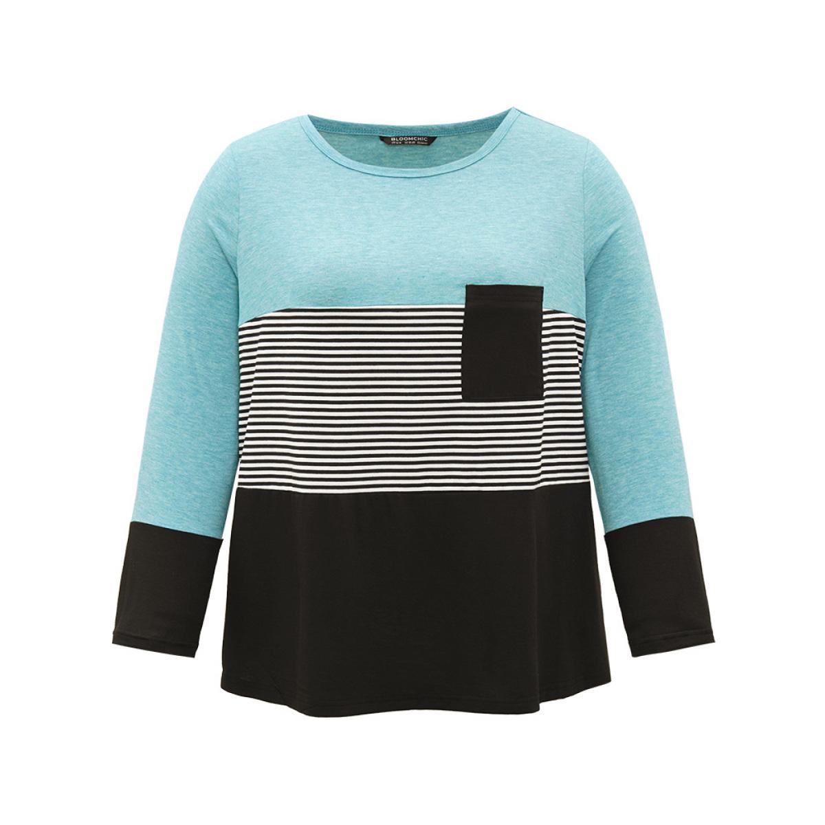 Plus Size Striped Colorblock Contrast Patchwork Crew Neck T-shirt Multicolor Women Casual Contrast Striped Round Neck Dailywear T-shirts BloomChic 22-24/3X Product Image