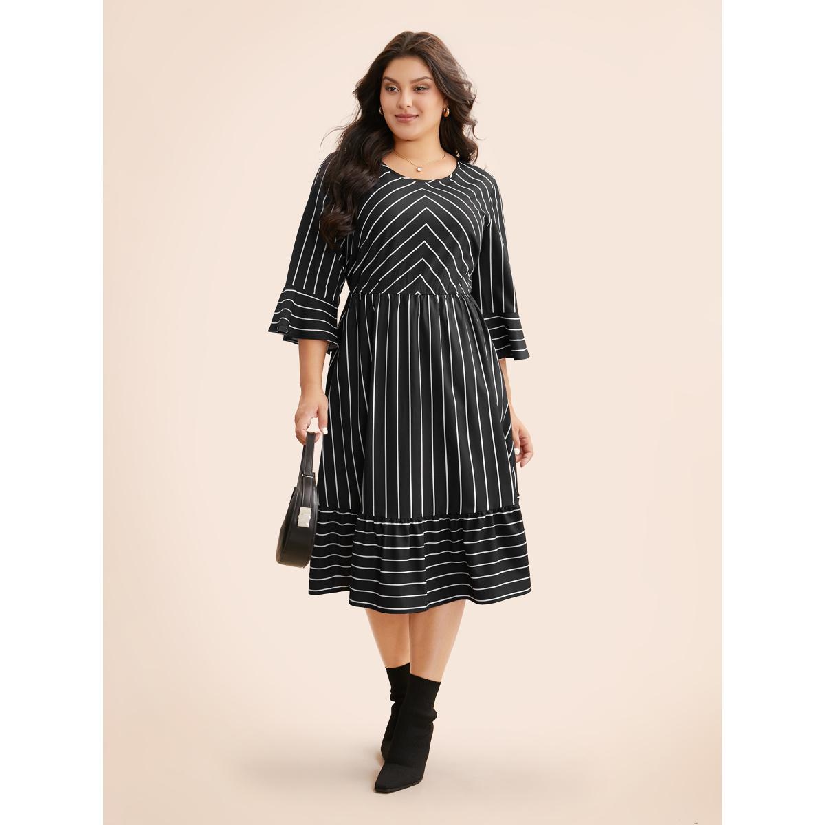 Plus Size Striped Flutter Sleeve Midi Dress Black Women At the Office Ruffles Round Neck Elbow-length sleeve Curvy BloomChic 22-24/3X Product Image