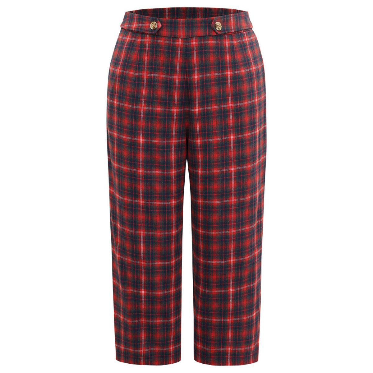 Plus Size Plaid Button Detail Pocket Loose Pants Women Scarlet Elegant Loose Mid Rise Festival-Christmas Pants BloomChic 26/4X Product Image