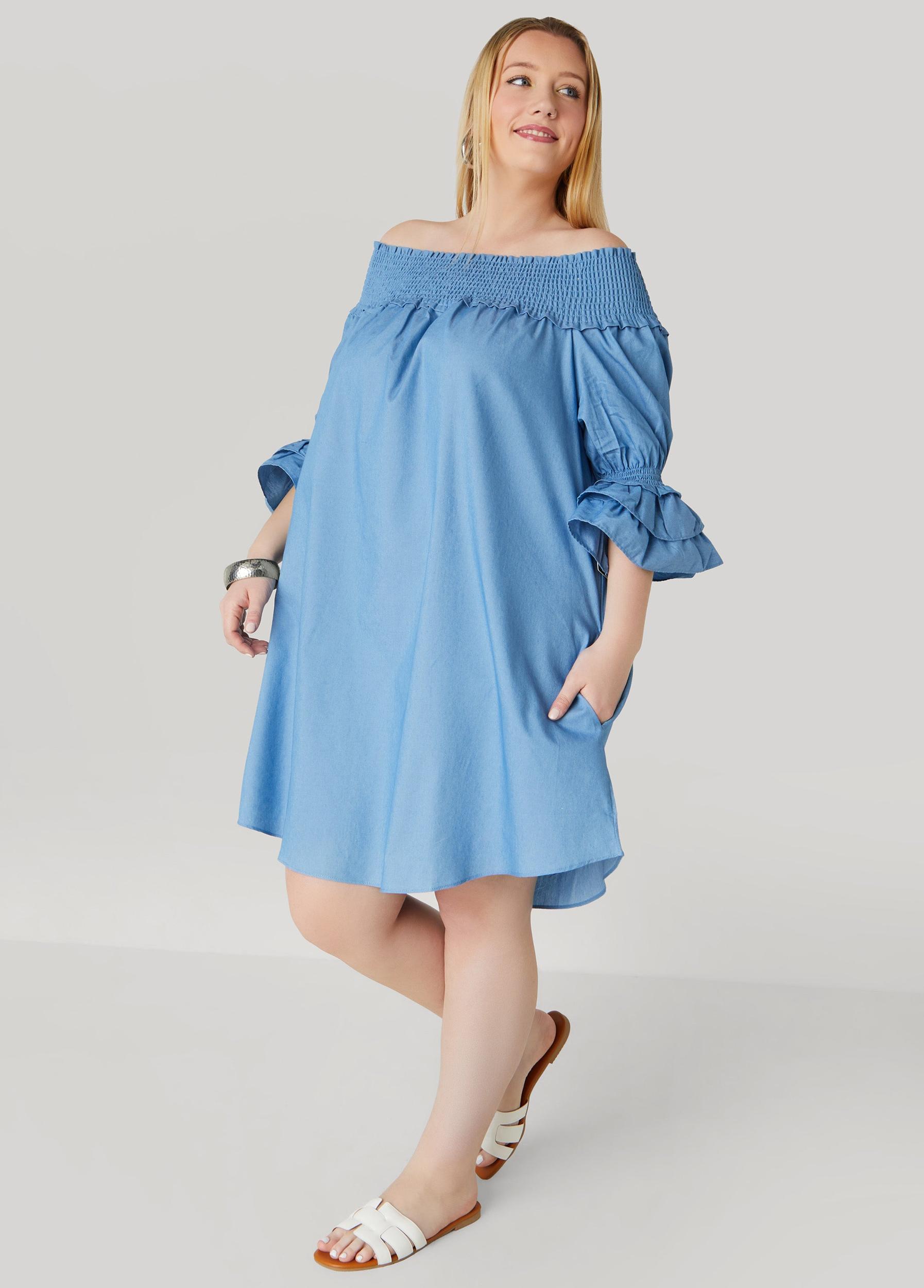 Off The Shoulder Chambray Dress Product Image