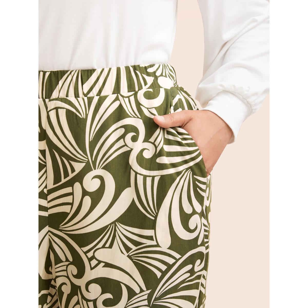 Plus Size Tropical Print Wide Leg Mid Rise Pants Women Moss Casual Wide Leg Mid Rise Everyday Pants BloomChic 22-24/3X Product Image
