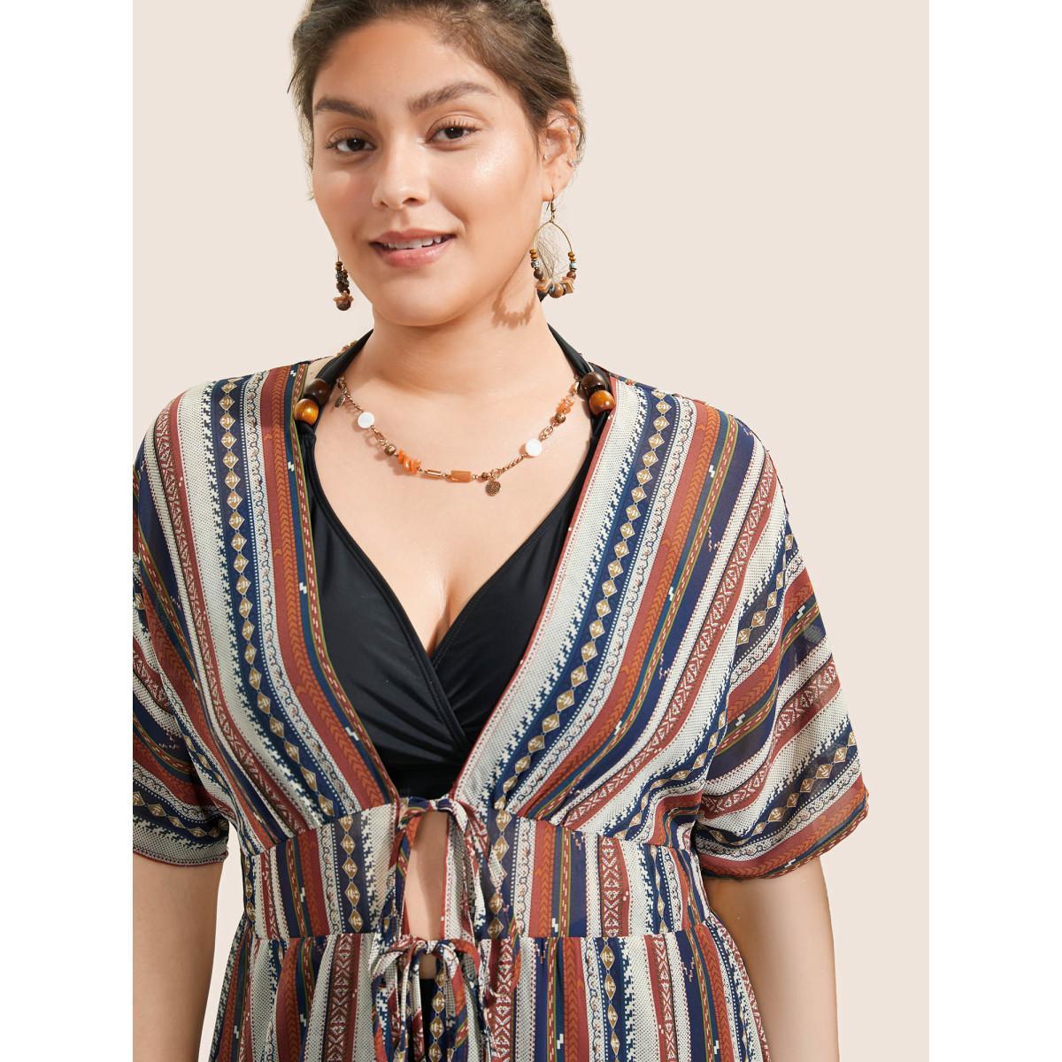 Plus Size Bandana Striped Ties Shirred Elastic Waist Kimono Women DarkBlue Resort Non Vacation Kimonos BloomChic 12/L Product Image