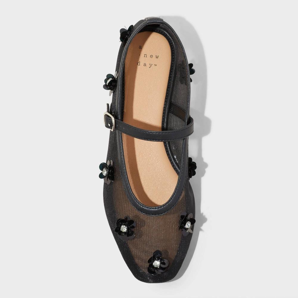 Womens Everly Mesh Floral Mary Jane Ballet Flats - A New Day Black 11: Solid Pattern Toe, Instep Strap, Medium Width Product Image