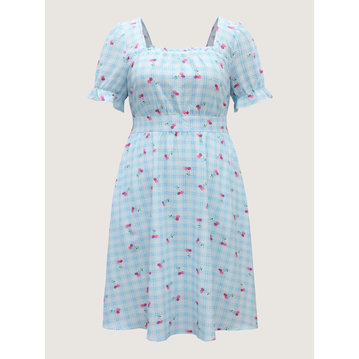 Plus Size Cherry Gingham Print Shirred Midi Dress LightBlue Women Square Neck Short sleeve Curvy BloomChic 18-20/2X Product Image