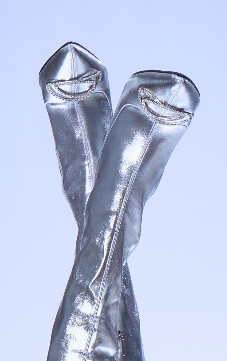 Silver PU Point Toe Diamante Buckle Over The Knee High Heeled Boots Product Image