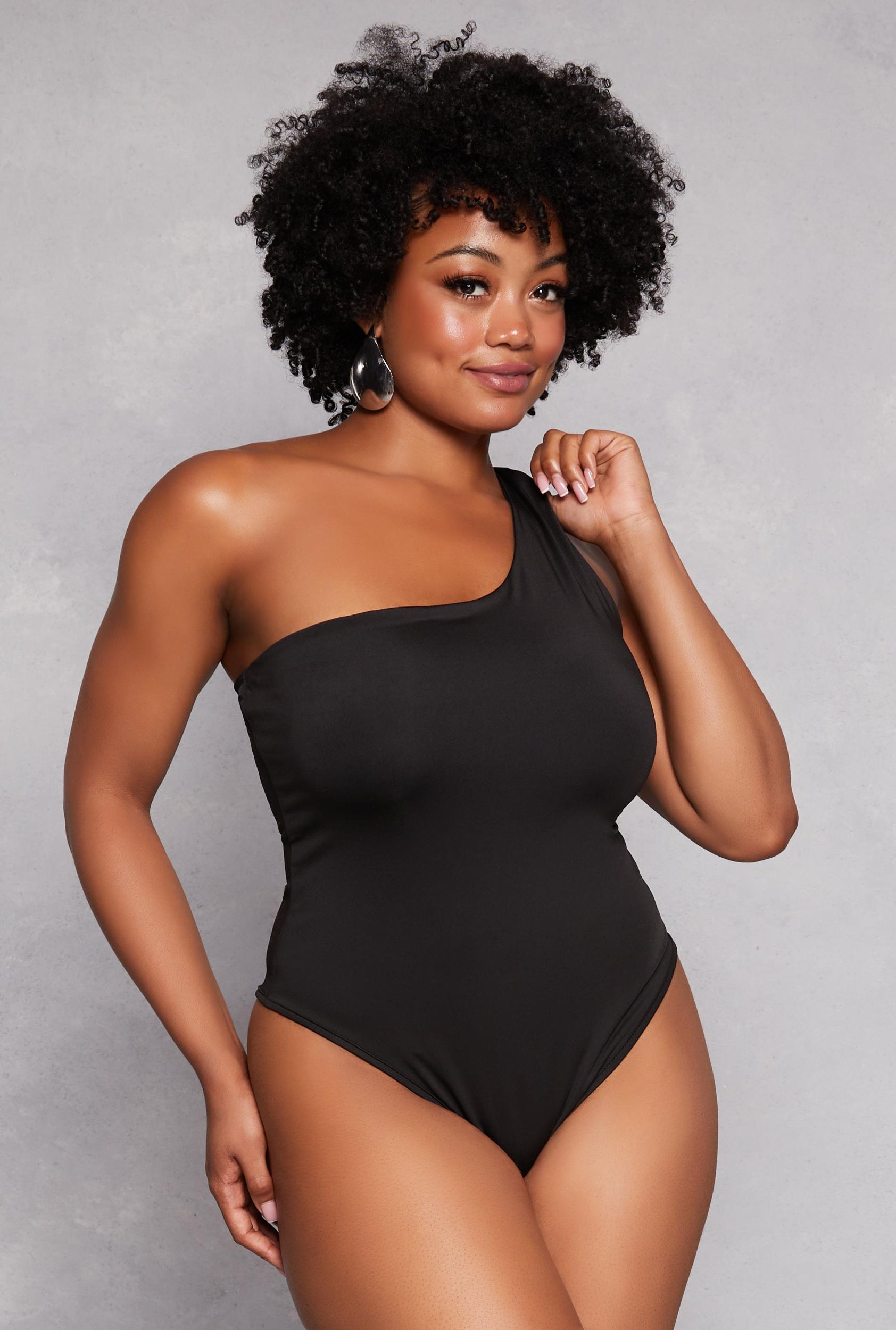 Womens Plus Size Daisy Double Lined One Shoulder Bodysuit Product Image