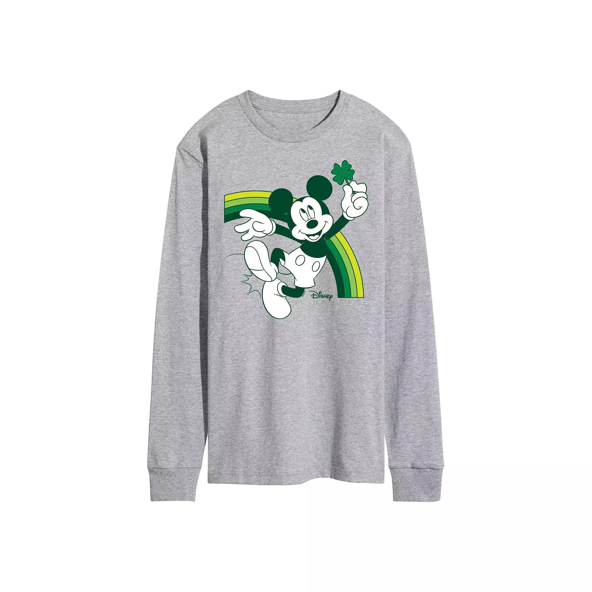 Disneys Mickey Mouse Mens Green Rainbow Long Sleeve Graphic Tee Grey Gray Product Image