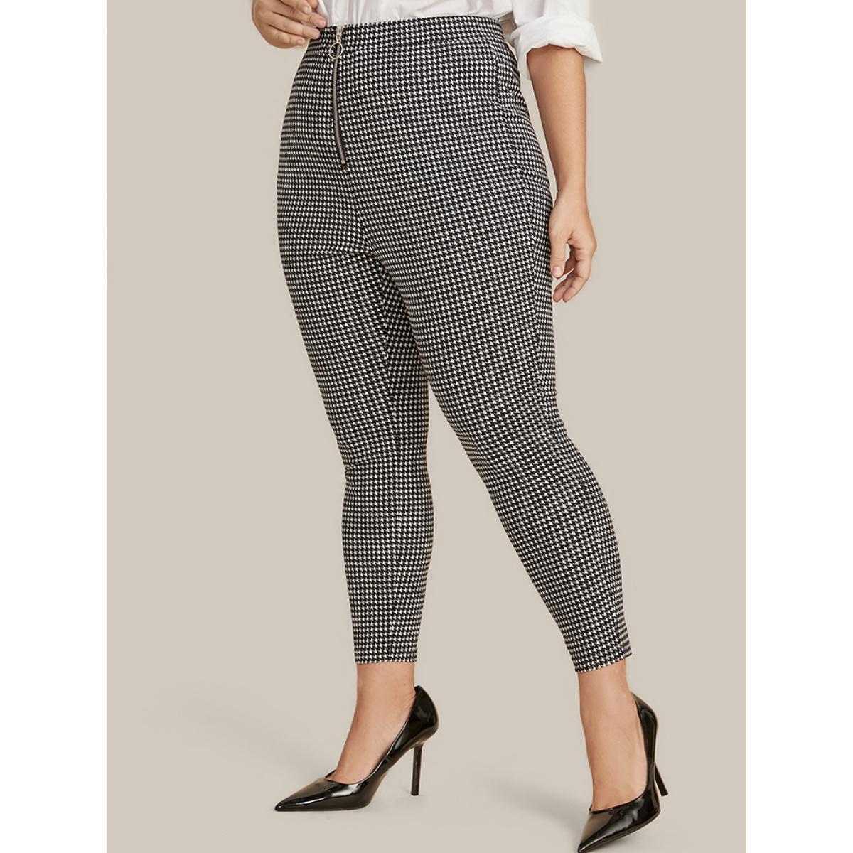 Plus Size Houndstooth O Ring Zipper Elastic Waist Pants Women Black Office Skinny High Rise Work Pants BloomChic 26/4X Product Image