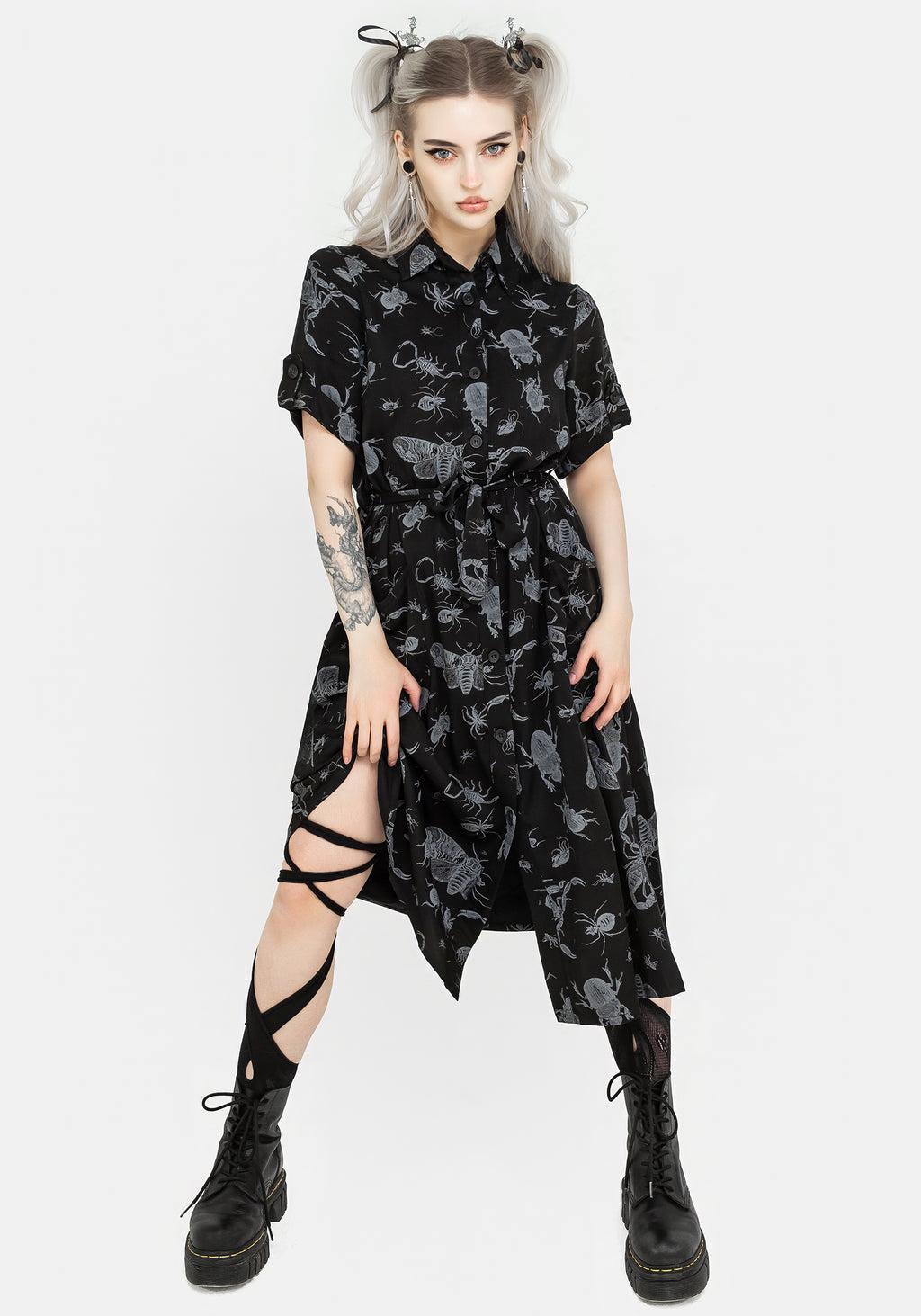 Parasite Bugs Short Sleeve Midi Shirt Dress - Black Product Image