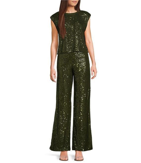Skies Are Blue Sequin High Waist Semi-Flare Pull-On Pants Product Image