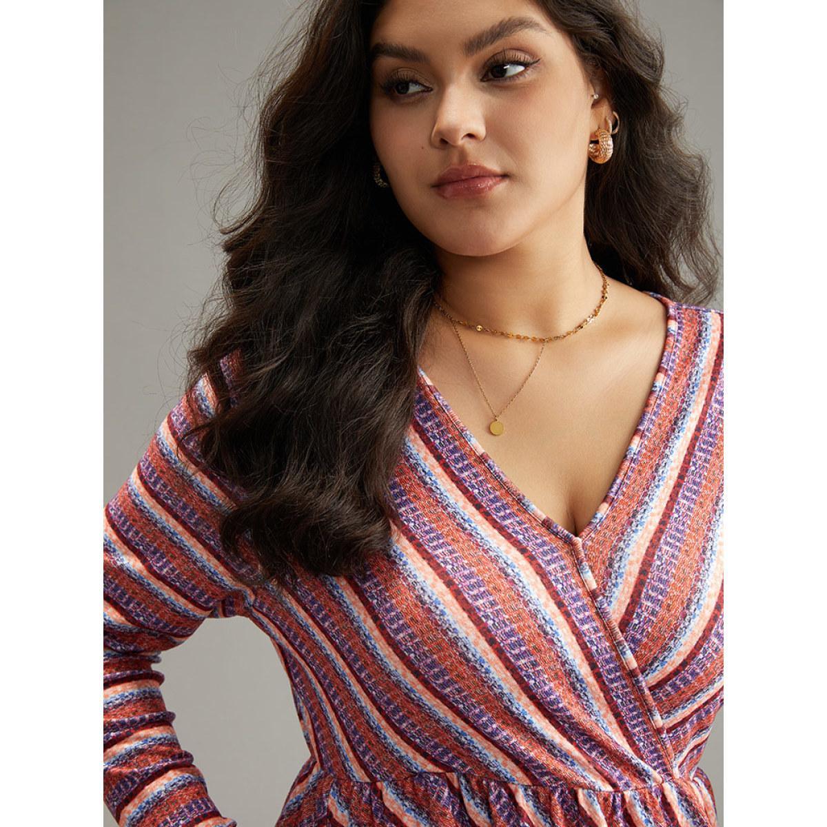 Plus Size Striped Elastic Waist Gathered Dress DustyPink Women Casual Printed V-neck Long Sleeve Curvy Midi Dress BloomChic 12/L Product Image