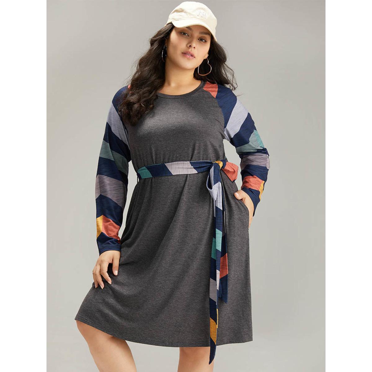 Plus Size Striped Pocket Raglan Sleeve Belted Dress DimGray Women Casual Belted Round Neck Long Sleeve Curvy Knee Dress BloomChic 10/M Product Image