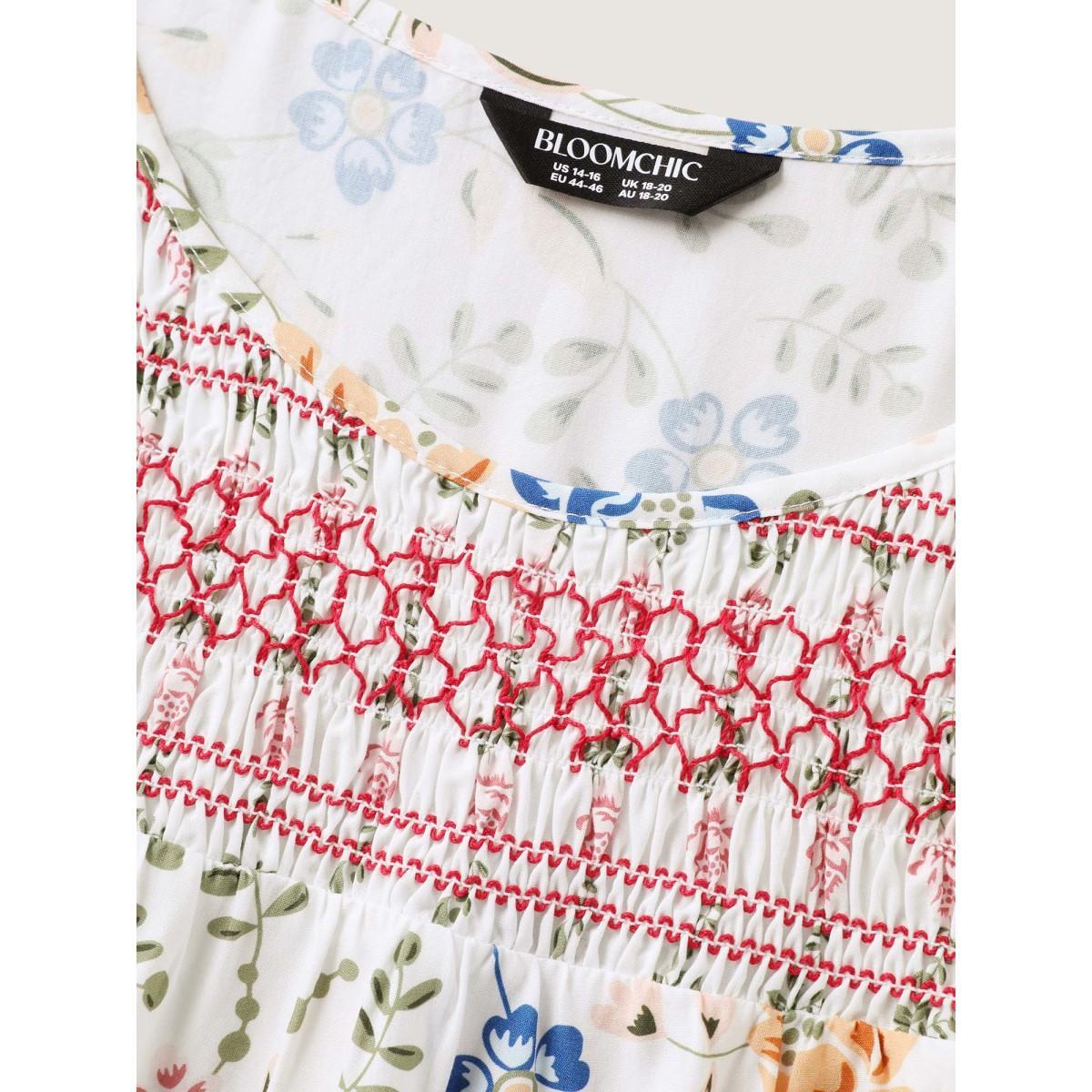 Plus Size Multicolor Floral Print Shirred Neck Blouse Women Short sleeve Round Neck Everyday-Elegant Blouses BloomChic 14-16/1X Product Image
