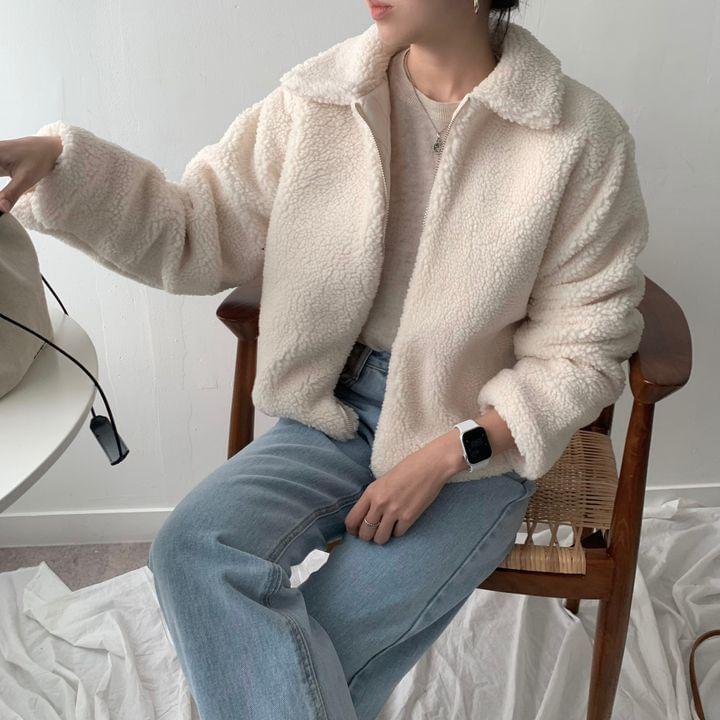Collar Plain Fleece Zip Jacket Product Image