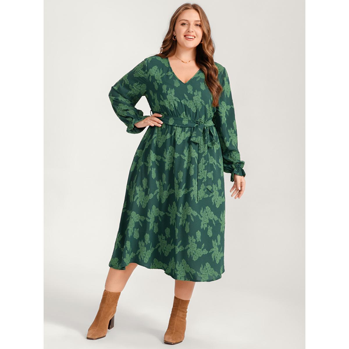Plus Size Floral Print Lantern Sleeve Pocket Belted Midi Dress Green Women Elegant Pocket V-neck Long Sleeve Curvy Midi Dress BloomChic 12/L Product Image