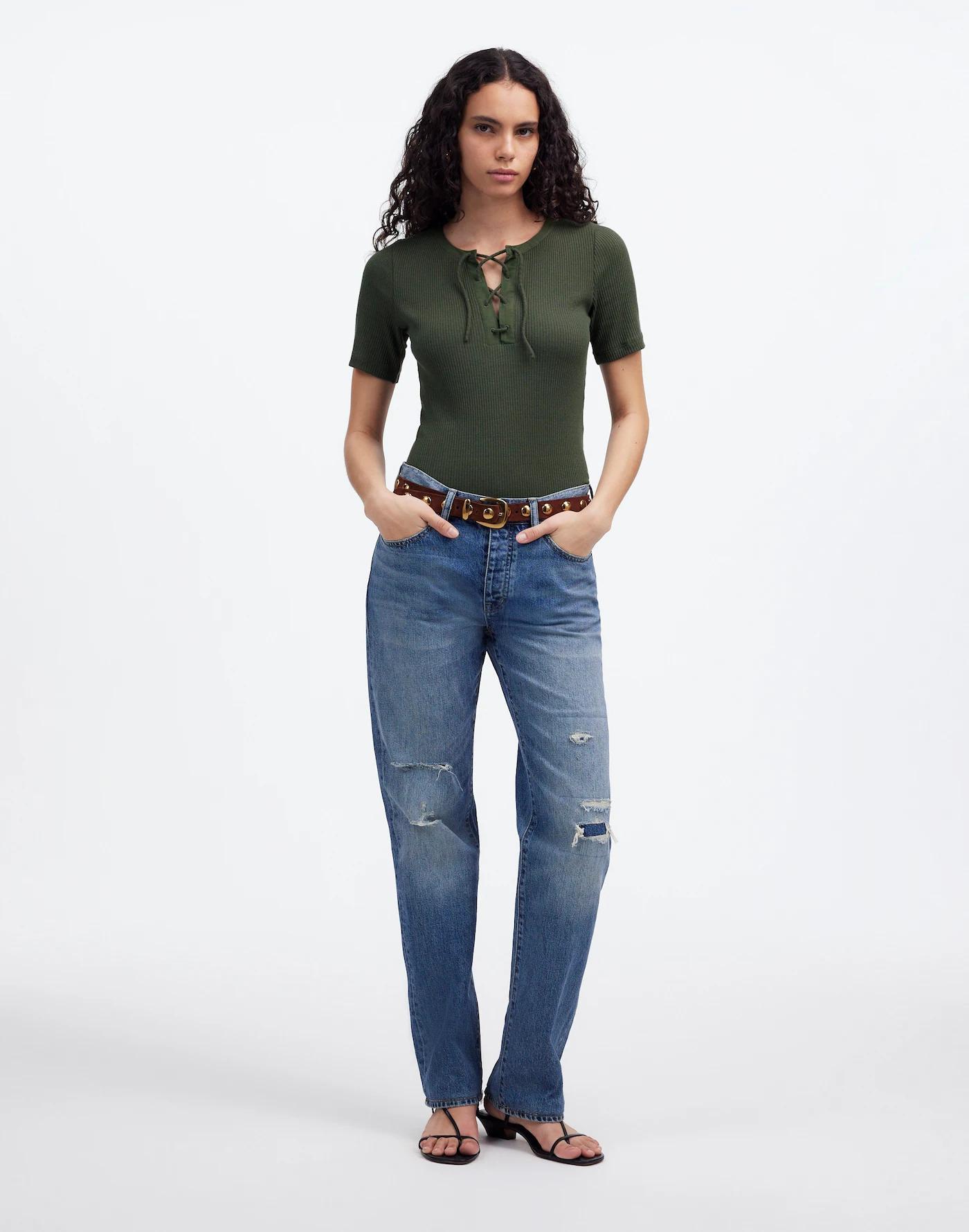 Ribbed Lace-Up Short-Sleeve Tee Product Image