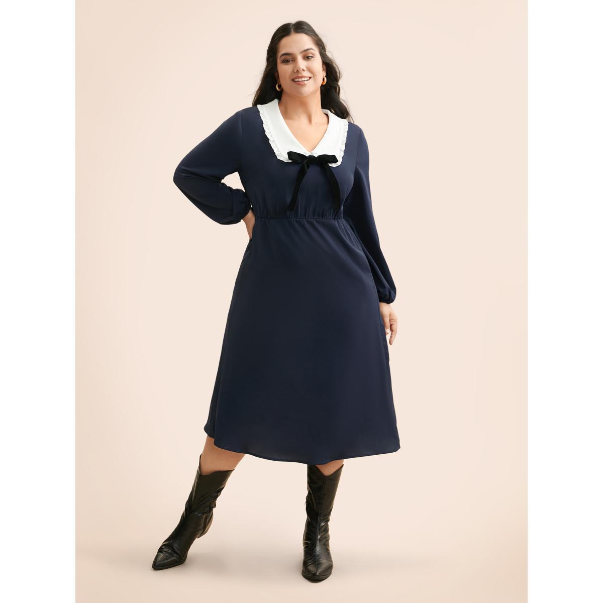 Plus Size Lapel Collar Bowknot Frill Trim Dress Navy Women Elegant Contrast Peter Pan collar Long Sleeve Curvy BloomChic 10/M Product Image