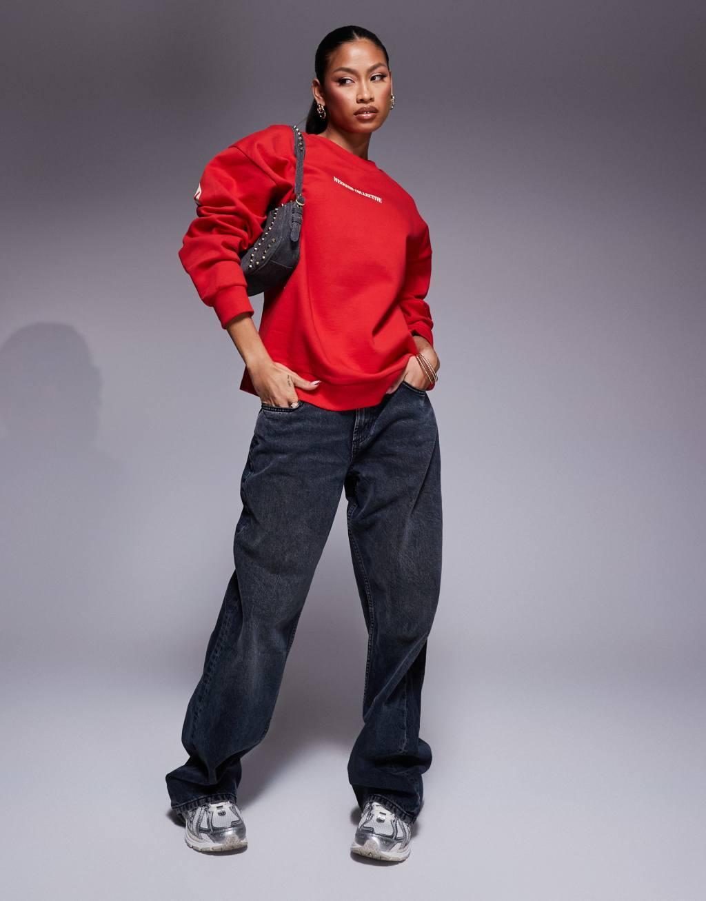 Weekend Collective oversized sweatshirt with stacked back logo in red Product Image