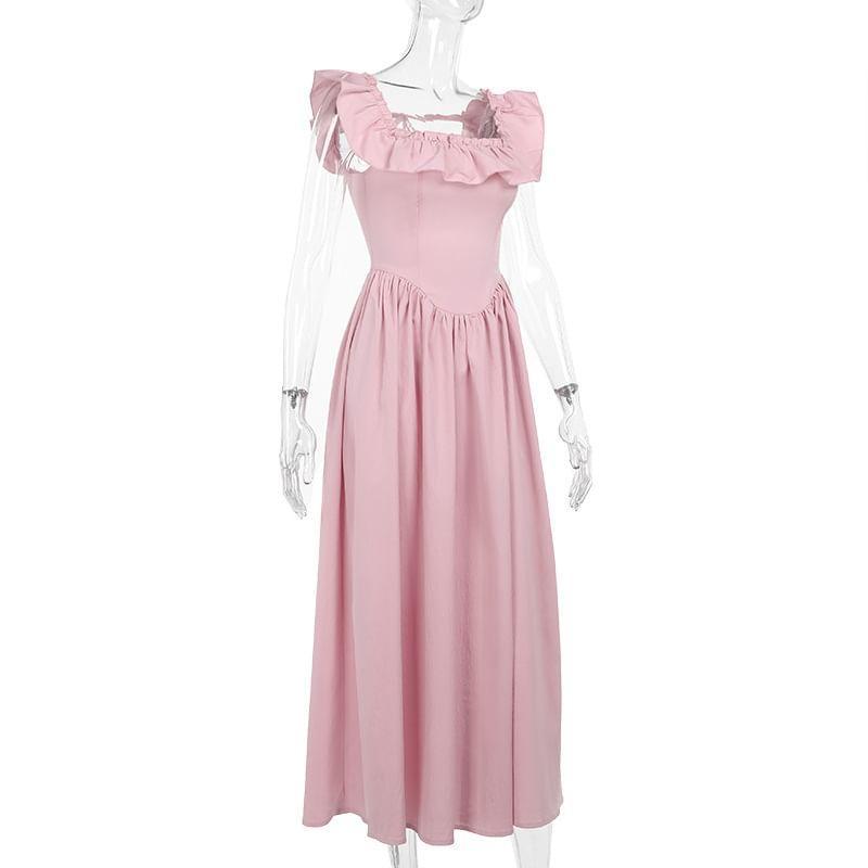 Cap-Sleeve Square Neck Plain Maxi A-Line Dress Product Image