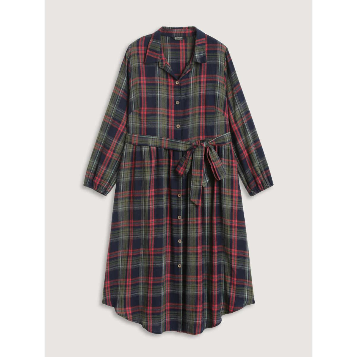Plus Size Plaid Button Detail Pocket Belted Arc Hem Dress DarkBlue Women Casual Pocket Shirt collar Long Sleeve Curvy Midi Dress BloomChic 18-20/2X Product Image