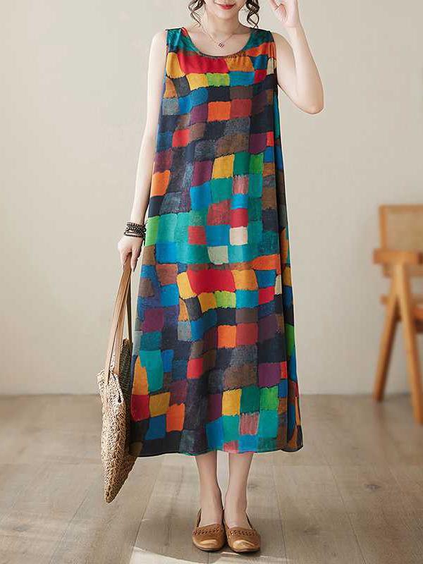 Loose Sleeveless Contrast Color Multi-Colored Plaid Round-Neck Midi Dresses Product Image