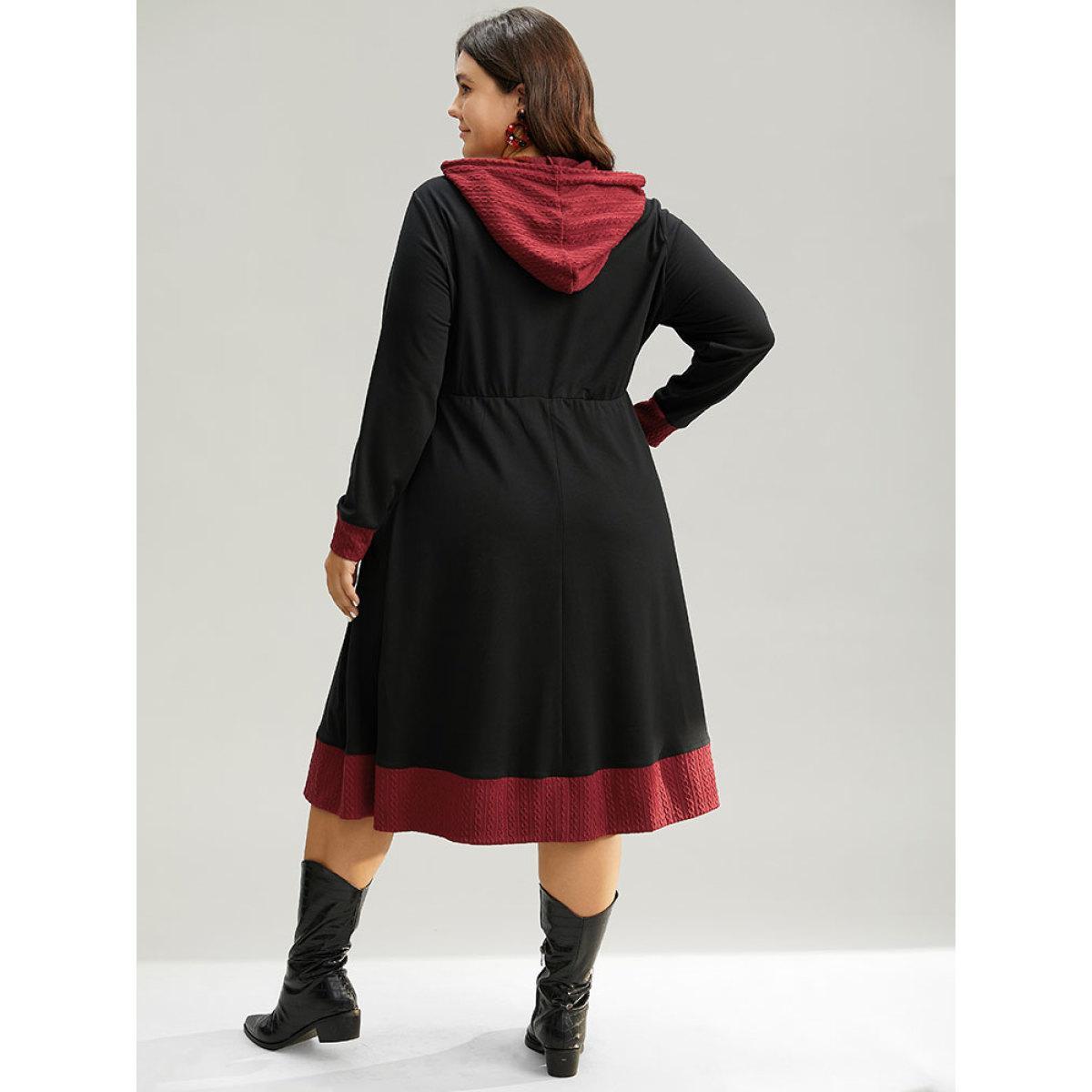 Plus Size Christmas Textured Contrast Hooded Drawstring Dress Black Women Casual Gathered Hooded Long Sleeve Curvy Midi Dress BloomChic 10/M Product Image