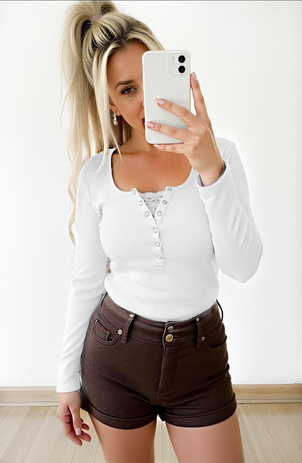 PRE-ORDER: Payton Peekaboo-Lace Long Sleeve Ribbed Henley Product Image