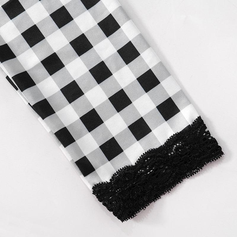 Long-Sleeve Queen Anne Neckline Plaid Maxi Sheath Dress Product Image