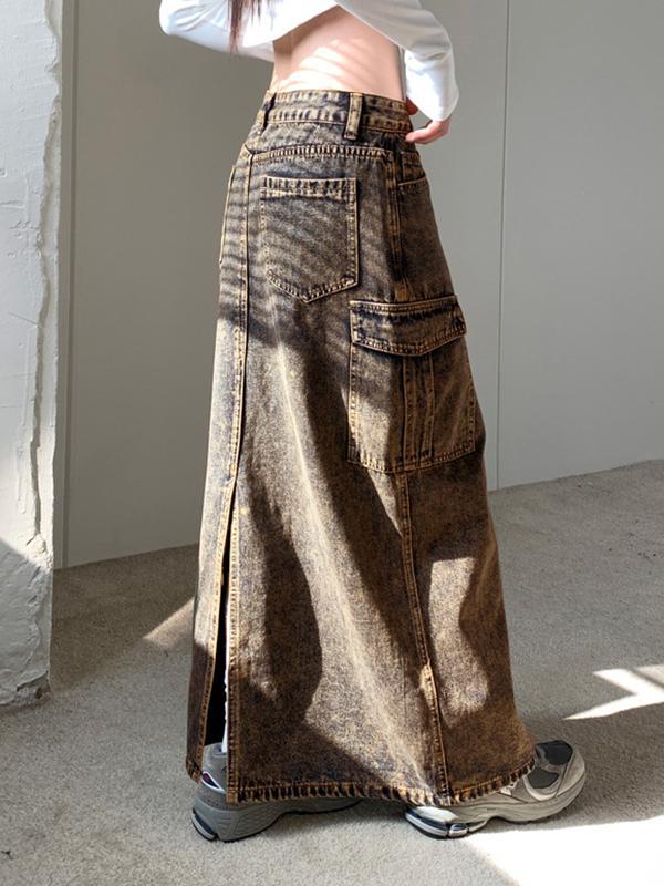 Wash Distressed Big Pocket High Rise Maxi Skirt Product Image