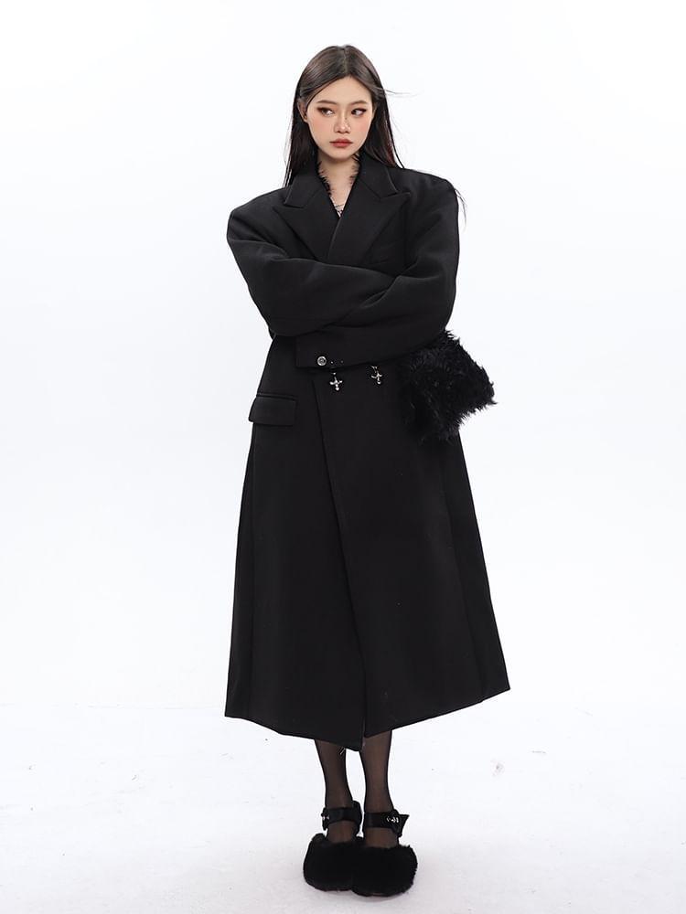 Peak Lapel Plain Buckled Double-Breasted Long Coat Product Image