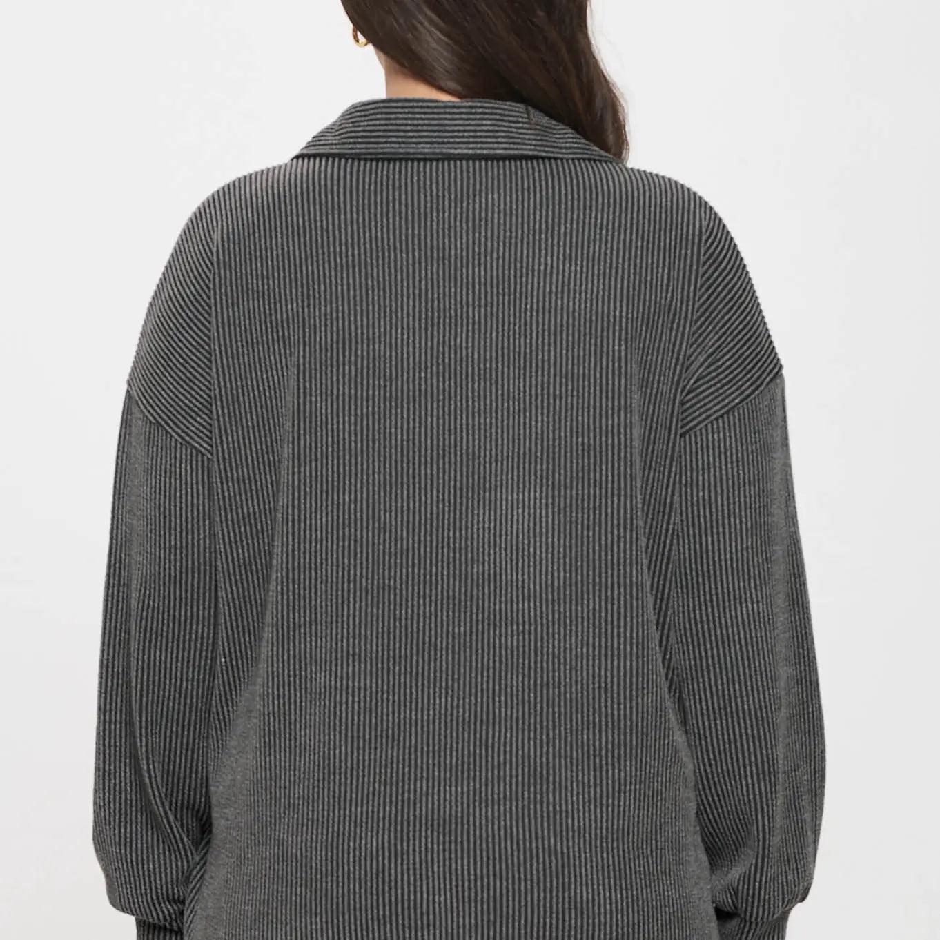 Women's Charcoal Plus Pinstripe Collared Half Button Knit Top Product Image