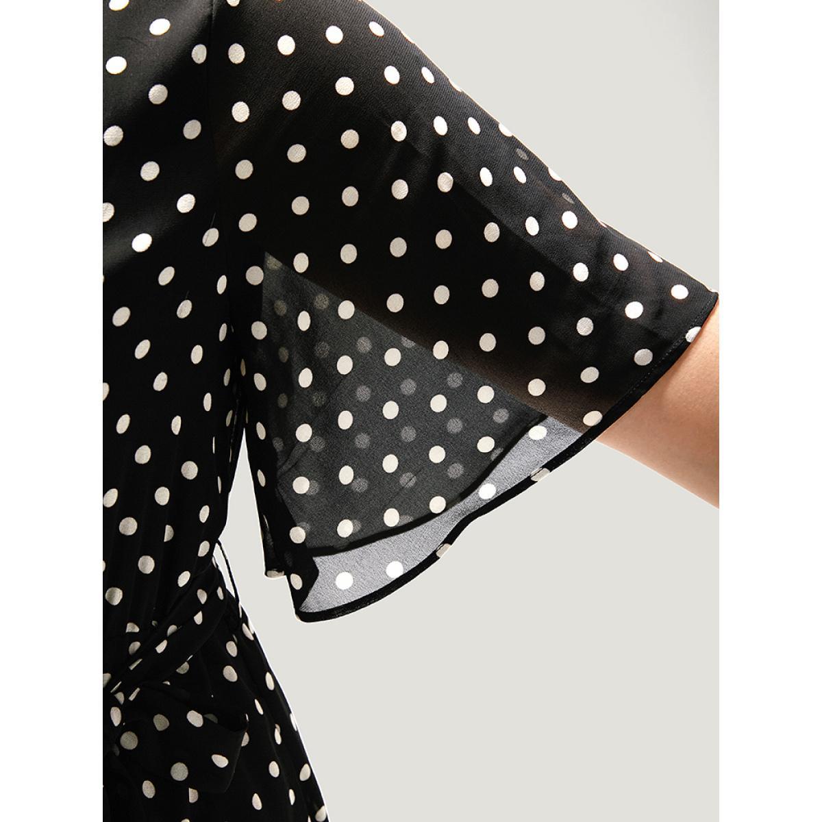 Plus Size Polka Dot Ruffles Pocket V Neck Mesh Belted Dress Black Women Elegant Lined V-neck Short sleeve Curvy Midi Dress BloomChic 28/5X Product Image