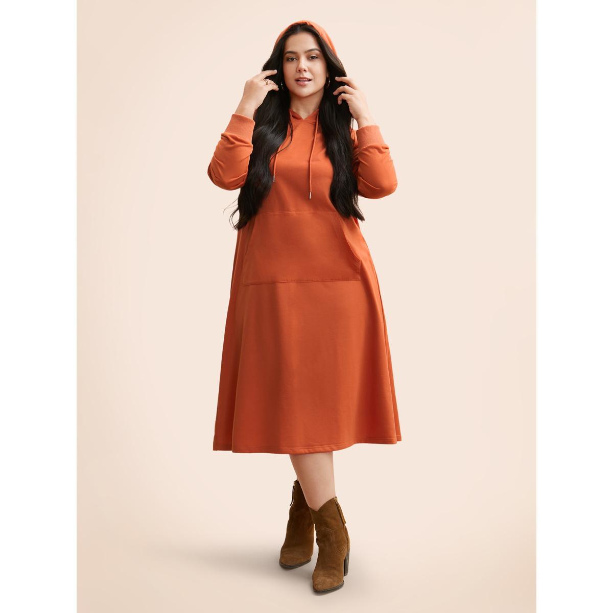 Plus Size Plain Hooded Drawstring Kangaroo Pocket Dress OrangeRed Women Casual Non Hooded Long Sleeve Curvy BloomChic 10/M Product Image
