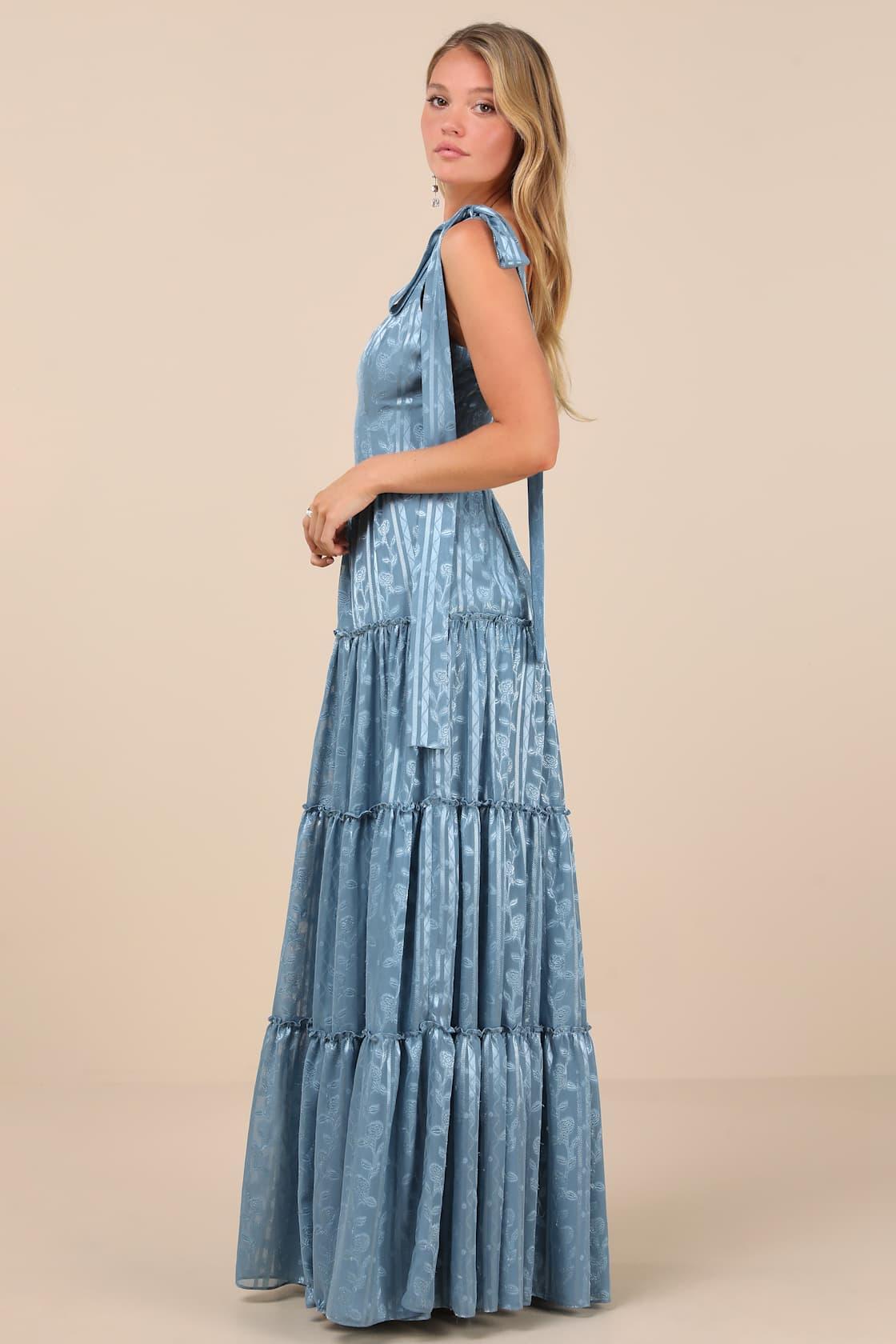 Picturesque Allure Slate Blue Jacquard Tie-Strap Maxi Dress Product Image