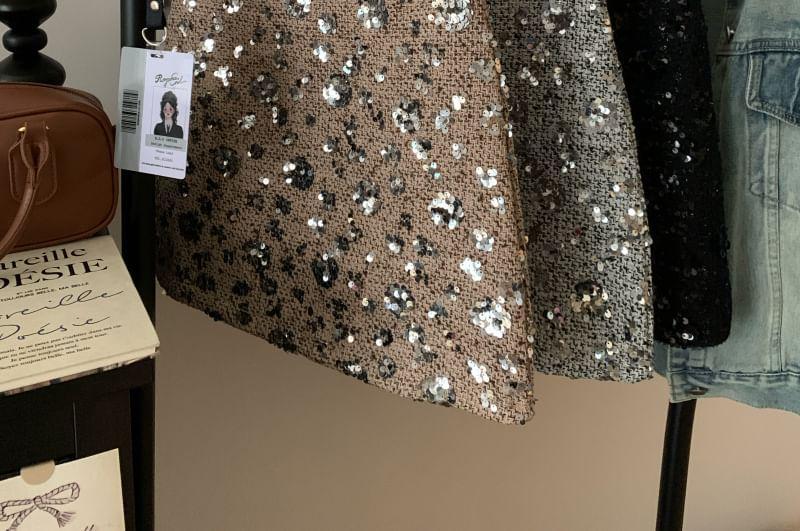 High Waist Sequin Tweed Mini A-Line Skirt Product Image